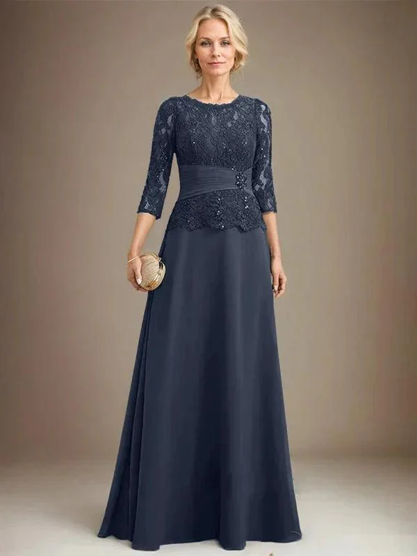 A-line Scoop Illusion Floor-Length Chiffon Lace Mother of the Bride Dress With Pleated Sequins Beading - Image 26