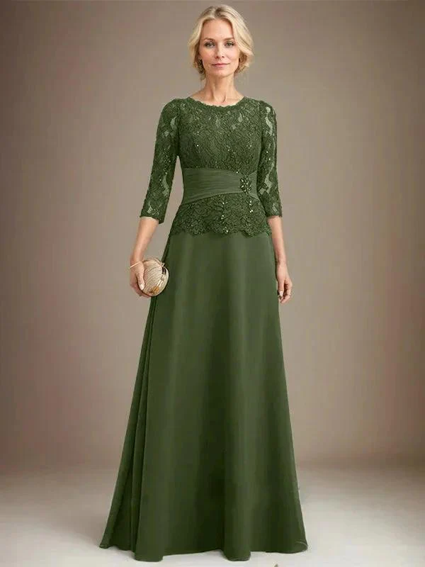 A-line Scoop Illusion Floor-Length Chiffon Lace Mother of the Bride Dress With Pleated Sequins Beading - Image 27