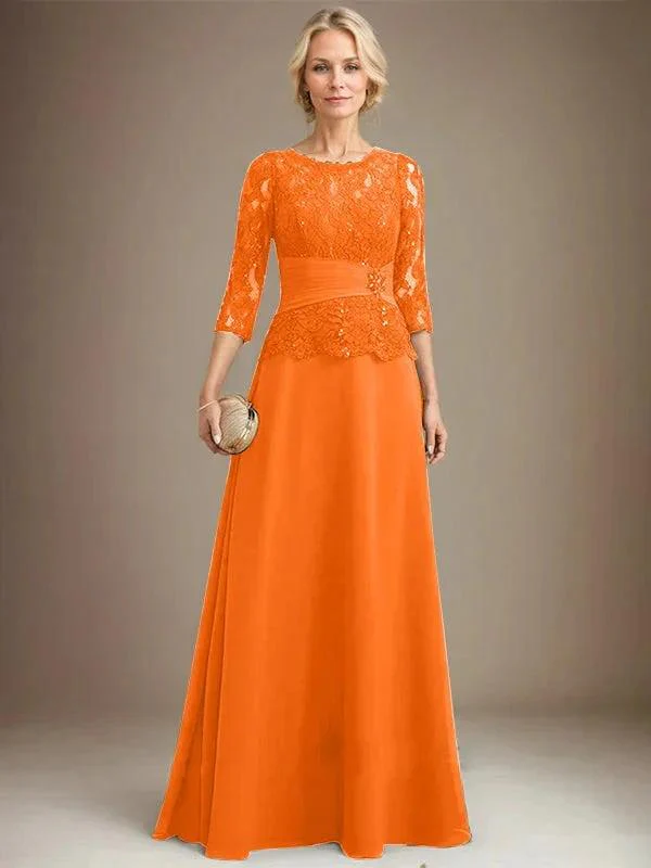 A-line Scoop Illusion Floor-Length Chiffon Lace Mother of the Bride Dress With Pleated Sequins Beading - Image 28