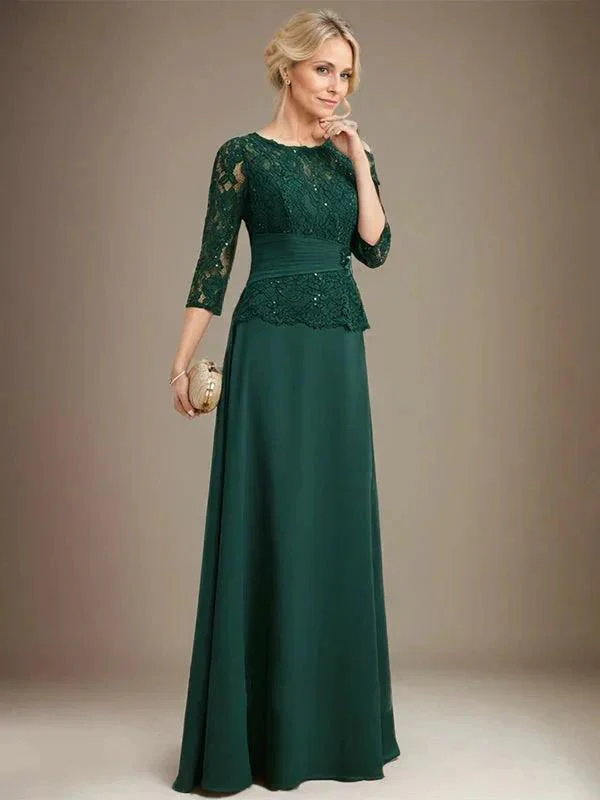 A-line Scoop Illusion Floor-Length Chiffon Lace Mother of the Bride Dress With Pleated Sequins Beading - Image 3