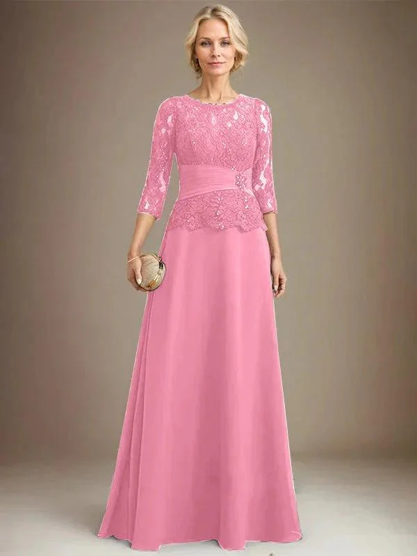 A-line Scoop Illusion Floor-Length Chiffon Lace Mother of the Bride Dress With Pleated Sequins Beading - Image 30