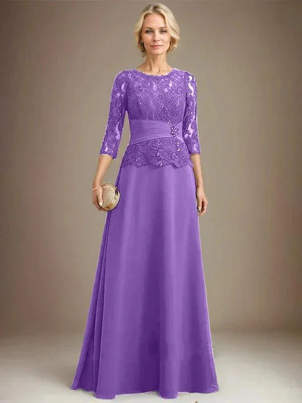 A-line Scoop Illusion Floor-Length Chiffon Lace Mother of the Bride Dress With Pleated Sequins Beading - Image 31