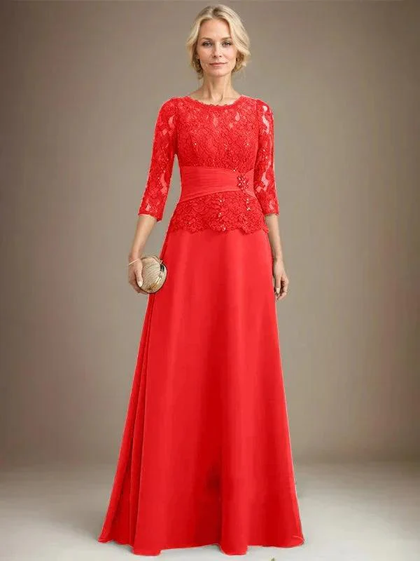 A-line Scoop Illusion Floor-Length Chiffon Lace Mother of the Bride Dress With Pleated Sequins Beading - Image 32