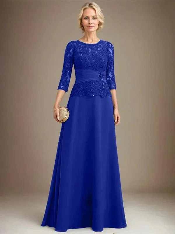 A-line Scoop Illusion Floor-Length Chiffon Lace Mother of the Bride Dress With Pleated Sequins Beading - Image 33