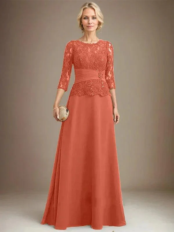 A-line Scoop Illusion Floor-Length Chiffon Lace Mother of the Bride Dress With Pleated Sequins Beading - Image 34