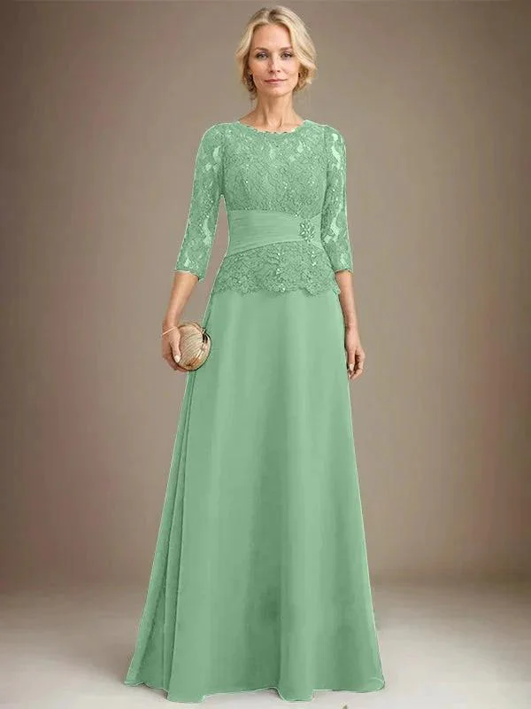 A-line Scoop Illusion Floor-Length Chiffon Lace Mother of the Bride Dress With Pleated Sequins Beading - Image 35