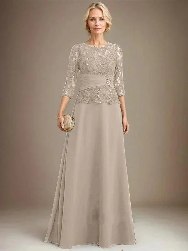 A-line Scoop Illusion Floor-Length Chiffon Lace Mother of the Bride Dress With Pleated Sequins Beading - Image 36