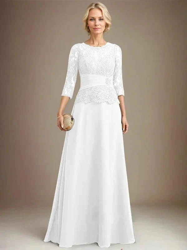 A-line Scoop Illusion Floor-Length Chiffon Lace Mother of the Bride Dress With Pleated Sequins Beading - Image 39