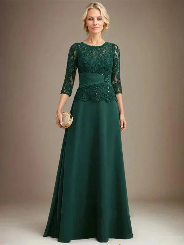 A-line Scoop Illusion Floor-Length Chiffon Lace Mother of the Bride Dress With Pleated Sequins Beading - Image 4