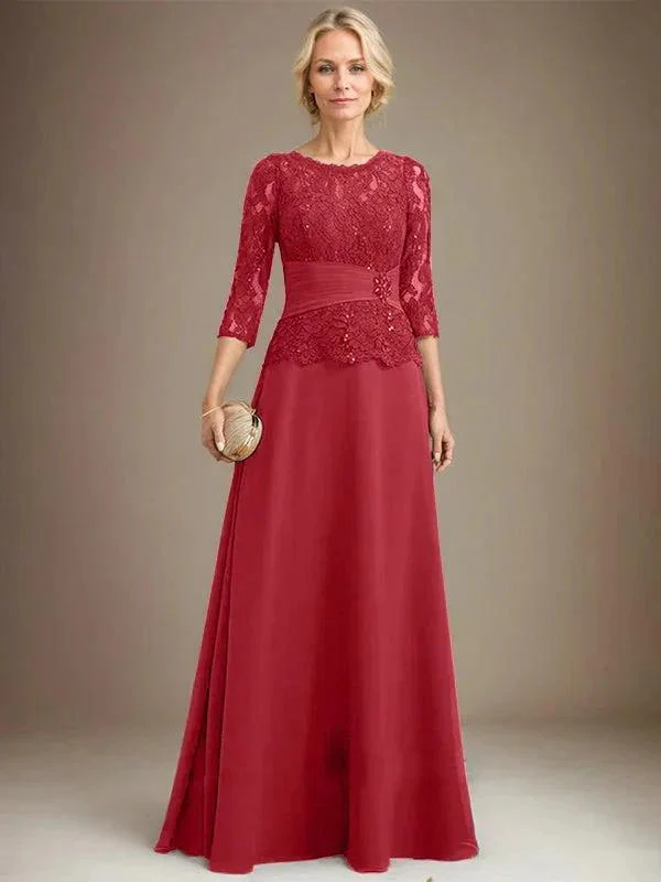 A-line Scoop Illusion Floor-Length Chiffon Lace Mother of the Bride Dress With Pleated Sequins Beading - Image 40