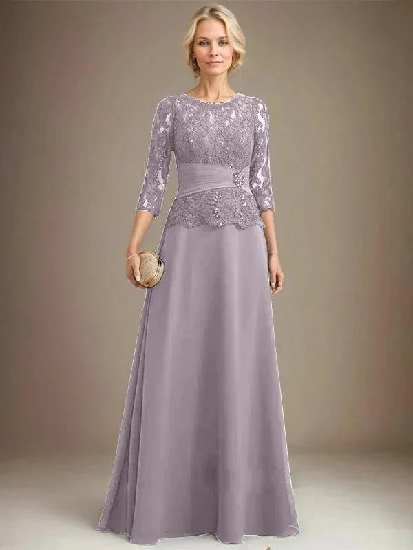 A-line Scoop Illusion Floor-Length Chiffon Lace Mother of the Bride Dress With Pleated Sequins Beading - Image 41