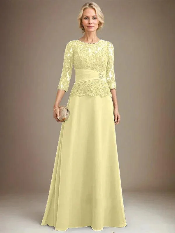 A-line Scoop Illusion Floor-Length Chiffon Lace Mother of the Bride Dress With Pleated Sequins Beading - Image 42