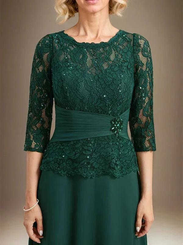A-line Scoop Illusion Floor-Length Chiffon Lace Mother of the Bride Dress With Pleated Sequins Beading - Image 5