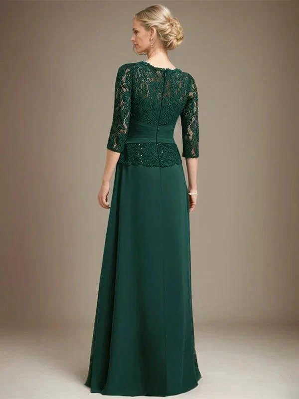 A-line Scoop Illusion Floor-Length Chiffon Lace Mother of the Bride Dress With Pleated Sequins Beading - Image 6