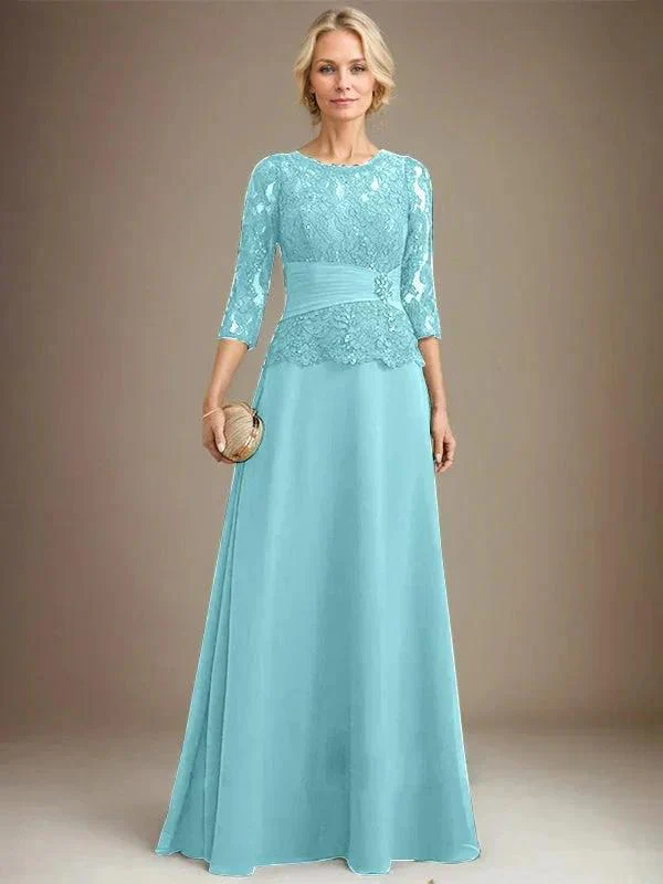 A-line Scoop Illusion Floor-Length Chiffon Lace Mother of the Bride Dress With Pleated Sequins Beading - Image 7