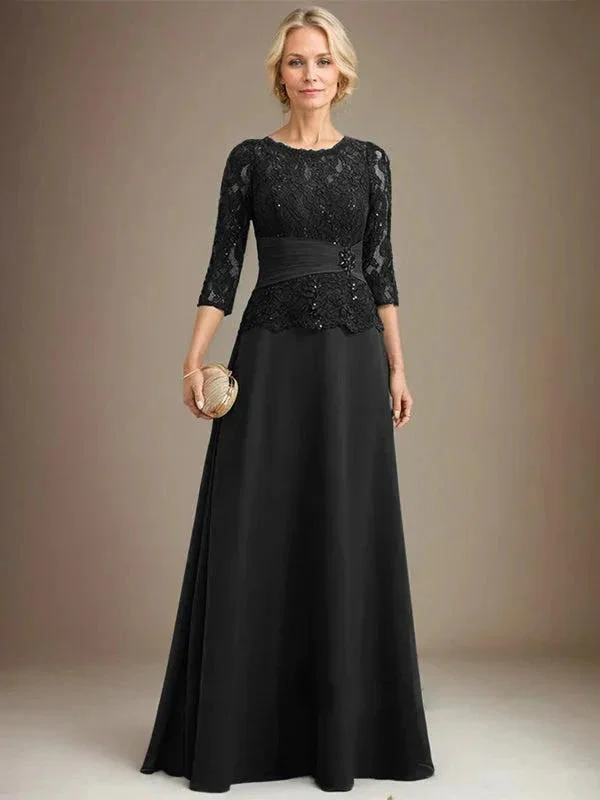 A-line Scoop Illusion Floor-Length Chiffon Lace Mother of the Bride Dress With Pleated Sequins Beading - Image 8