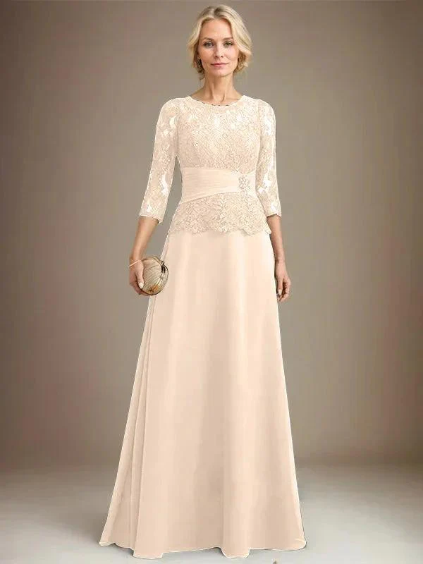 A-line Scoop Illusion Floor-Length Chiffon Lace Mother of the Bride Dress With Pleated Sequins Beading - Image 9