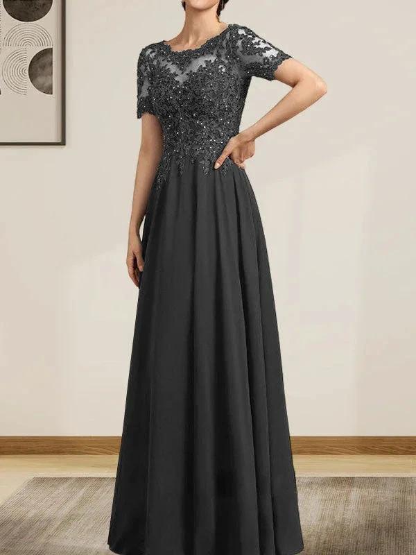 A-line Scoop Illusion Floor-Length Chiffon Lace Mother of the Bride Dress With Sequins Beading - Image 13