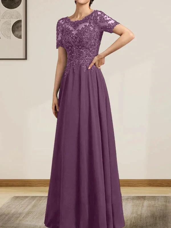 A-line Scoop Illusion Floor-Length Chiffon Lace Mother of the Bride Dress With Sequins Beading - Image 18