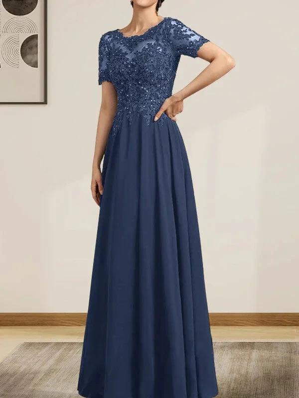 A-line Scoop Illusion Floor-Length Chiffon Lace Mother of the Bride Dress With Sequins Beading - Image 19