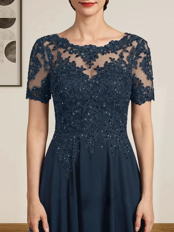 A-line Scoop Illusion Floor-Length Chiffon Lace Mother of the Bride Dress With Sequins Beading - Image 2