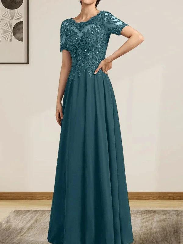 A-line Scoop Illusion Floor-Length Chiffon Lace Mother of the Bride Dress With Sequins Beading - Image 20