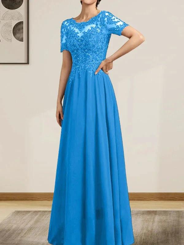 A-line Scoop Illusion Floor-Length Chiffon Lace Mother of the Bride Dress With Sequins Beading - Image 22