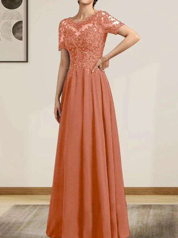 A-line Scoop Illusion Floor-Length Chiffon Lace Mother of the Bride Dress With Sequins Beading - Image 23