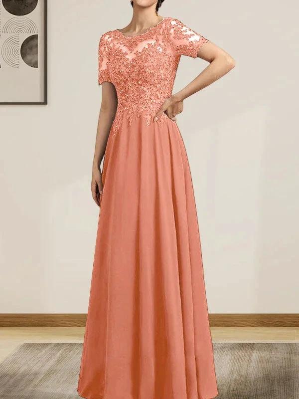 A-line Scoop Illusion Floor-Length Chiffon Lace Mother of the Bride Dress With Sequins Beading - Image 24