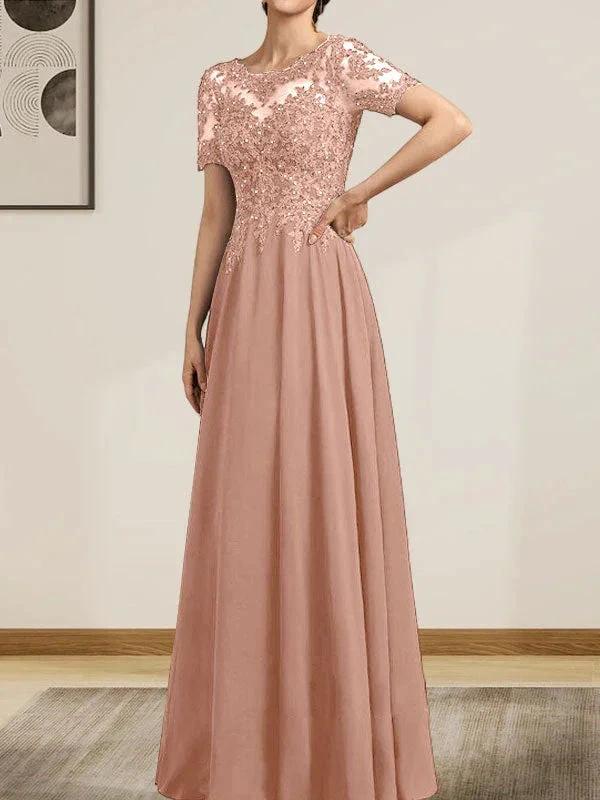 A-line Scoop Illusion Floor-Length Chiffon Lace Mother of the Bride Dress With Sequins Beading - Image 25