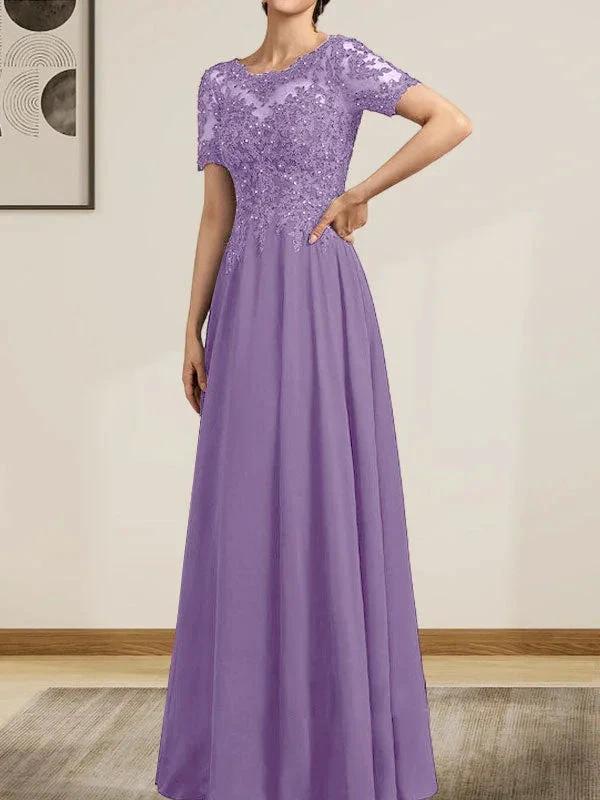 A-line Scoop Illusion Floor-Length Chiffon Lace Mother of the Bride Dress With Sequins Beading - Image 31