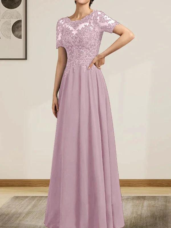A-line Scoop Illusion Floor-Length Chiffon Lace Mother of the Bride Dress With Sequins Beading - Image 32