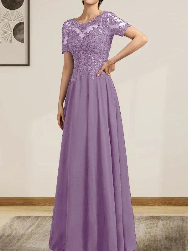 A-line Scoop Illusion Floor-Length Chiffon Lace Mother of the Bride Dress With Sequins Beading - Image 33