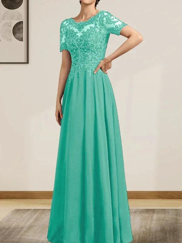 A-line Scoop Illusion Floor-Length Chiffon Lace Mother of the Bride Dress With Sequins Beading - Image 34