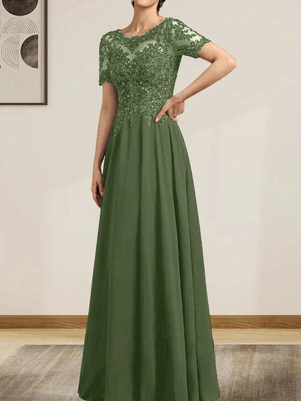 A-line Scoop Illusion Floor-Length Chiffon Lace Mother of the Bride Dress With Sequins Beading - Image 35