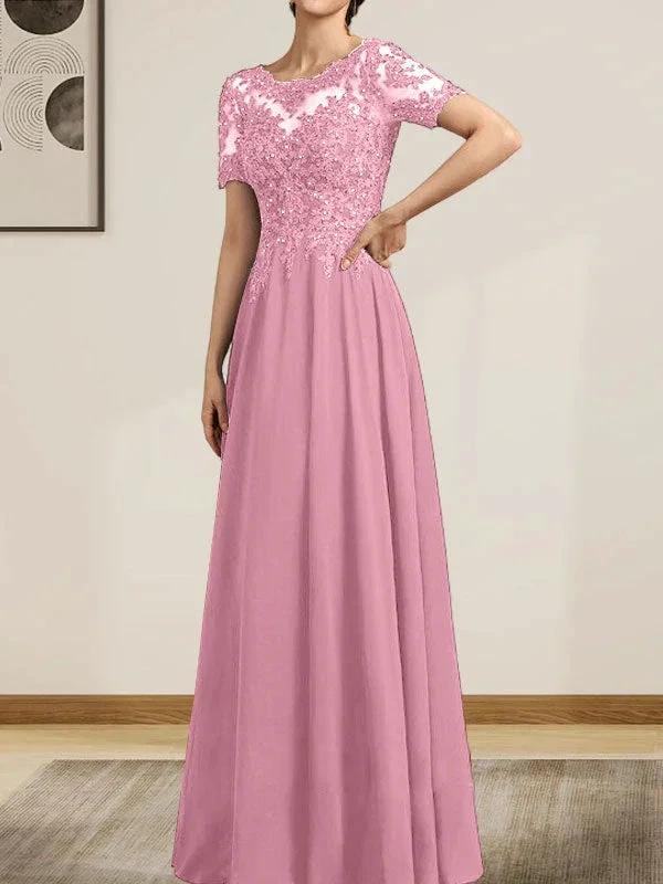 A-line Scoop Illusion Floor-Length Chiffon Lace Mother of the Bride Dress With Sequins Beading - Image 37
