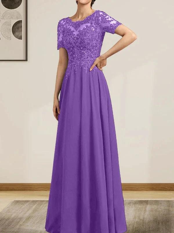 A-line Scoop Illusion Floor-Length Chiffon Lace Mother of the Bride Dress With Sequins Beading - Image 38