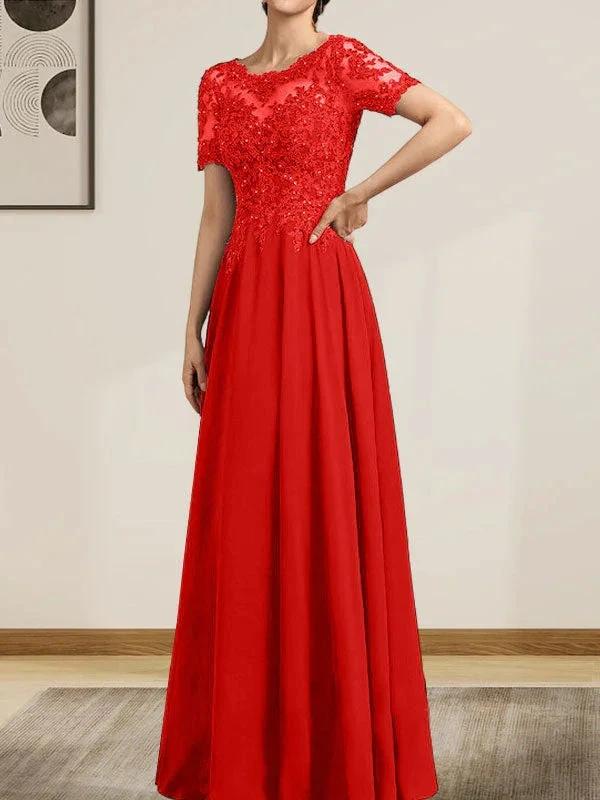 A-line Scoop Illusion Floor-Length Chiffon Lace Mother of the Bride Dress With Sequins Beading - Image 39