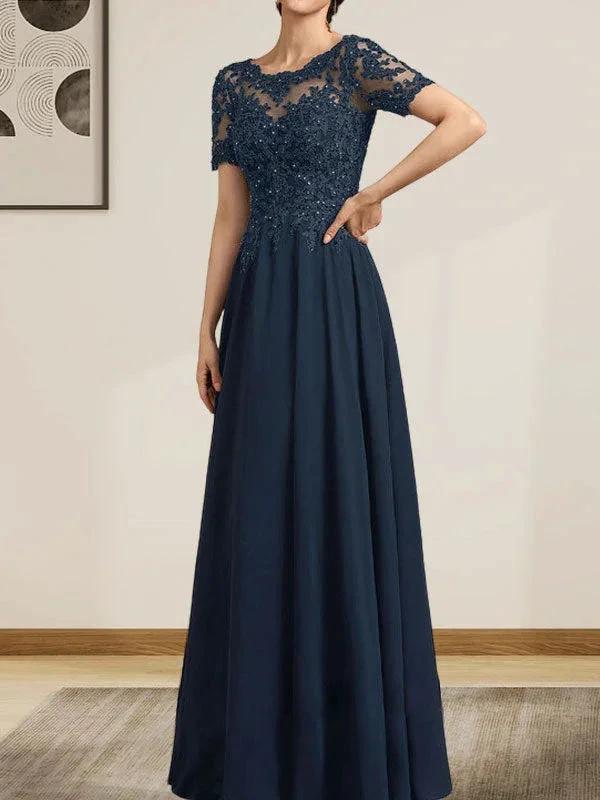 A-line Scoop Illusion Floor-Length Chiffon Lace Mother of the Bride Dress With Sequins Beading - Image 4