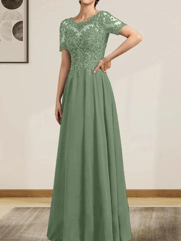 A-line Scoop Illusion Floor-Length Chiffon Lace Mother of the Bride Dress With Sequins Beading - Image 42