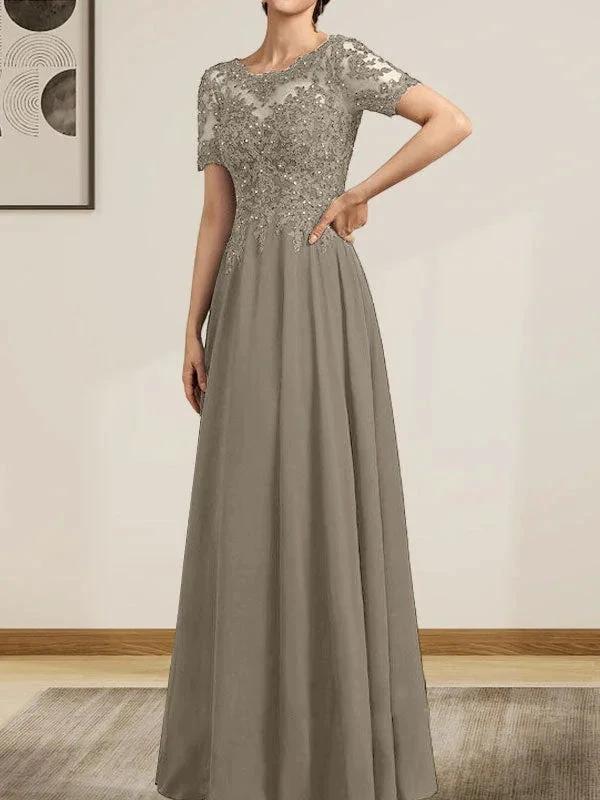 A-line Scoop Illusion Floor-Length Chiffon Lace Mother of the Bride Dress With Sequins Beading - Image 43