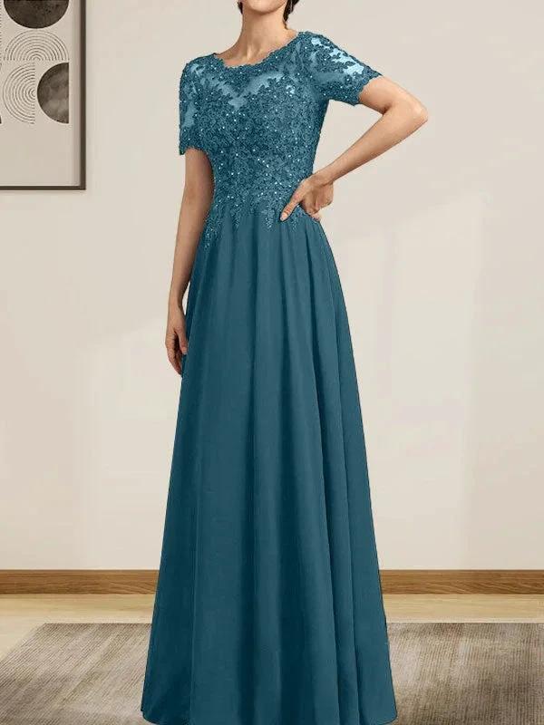 A-line Scoop Illusion Floor-Length Chiffon Lace Mother of the Bride Dress With Sequins Beading - Image 44