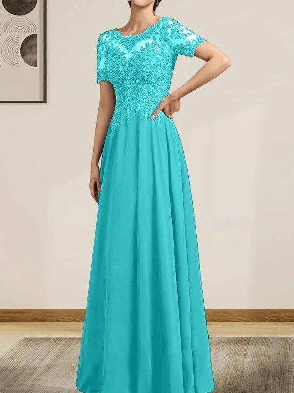 A-line Scoop Illusion Floor-Length Chiffon Lace Mother of the Bride Dress With Sequins Beading - Image 45