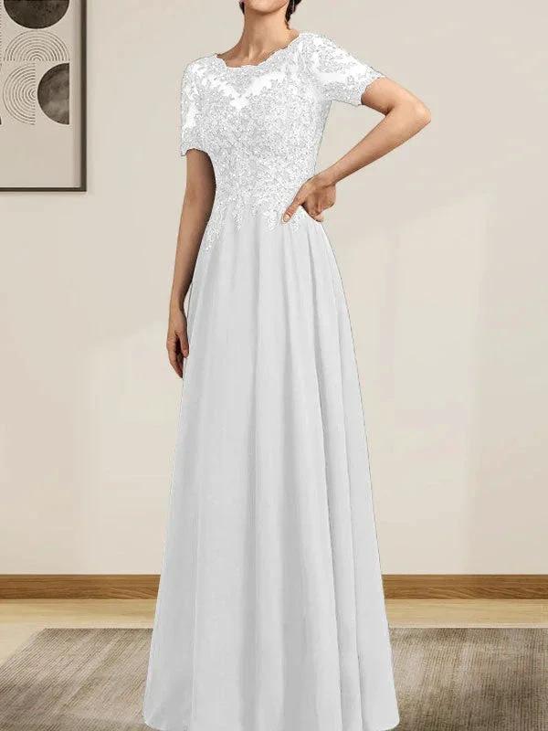 A-line Scoop Illusion Floor-Length Chiffon Lace Mother of the Bride Dress With Sequins Beading - Image 46