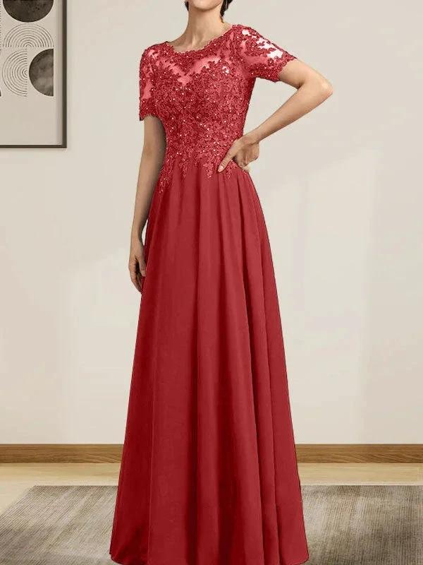 A-line Scoop Illusion Floor-Length Chiffon Lace Mother of the Bride Dress With Sequins Beading - Image 47