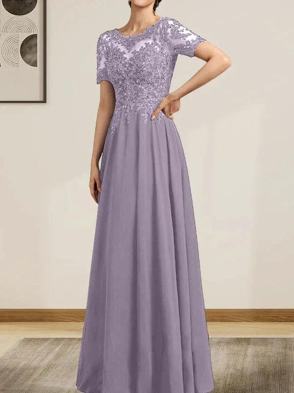 A-line Scoop Illusion Floor-Length Chiffon Lace Mother of the Bride Dress With Sequins Beading - Image 48