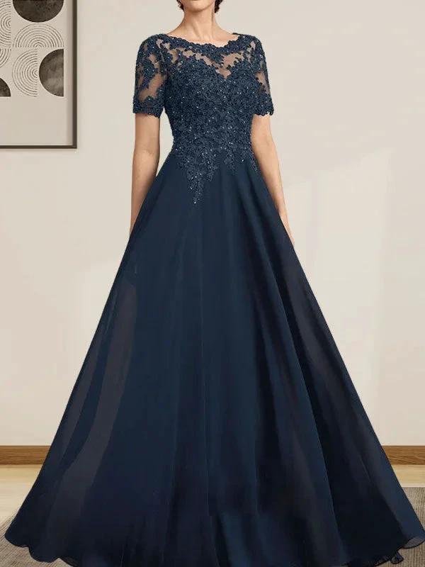 A-line Scoop Illusion Floor-Length Chiffon Lace Mother of the Bride Dress With Sequins Beading - Image 5