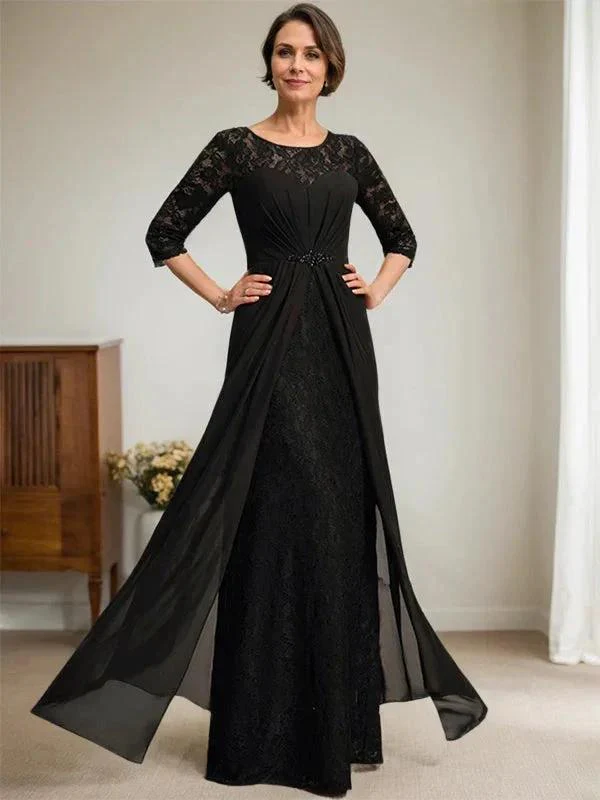 A-Line Scoop Illusion Floor-Length Lace Chiffon Mother Of the Bride Dress With Beading Ruffles - Image 10