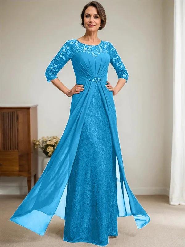 A-Line Scoop Illusion Floor-Length Lace Chiffon Mother Of the Bride Dress With Beading Ruffles - Image 11