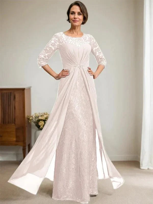 A-Line Scoop Illusion Floor-Length Lace Chiffon Mother Of the Bride Dress With Beading Ruffles - Image 12